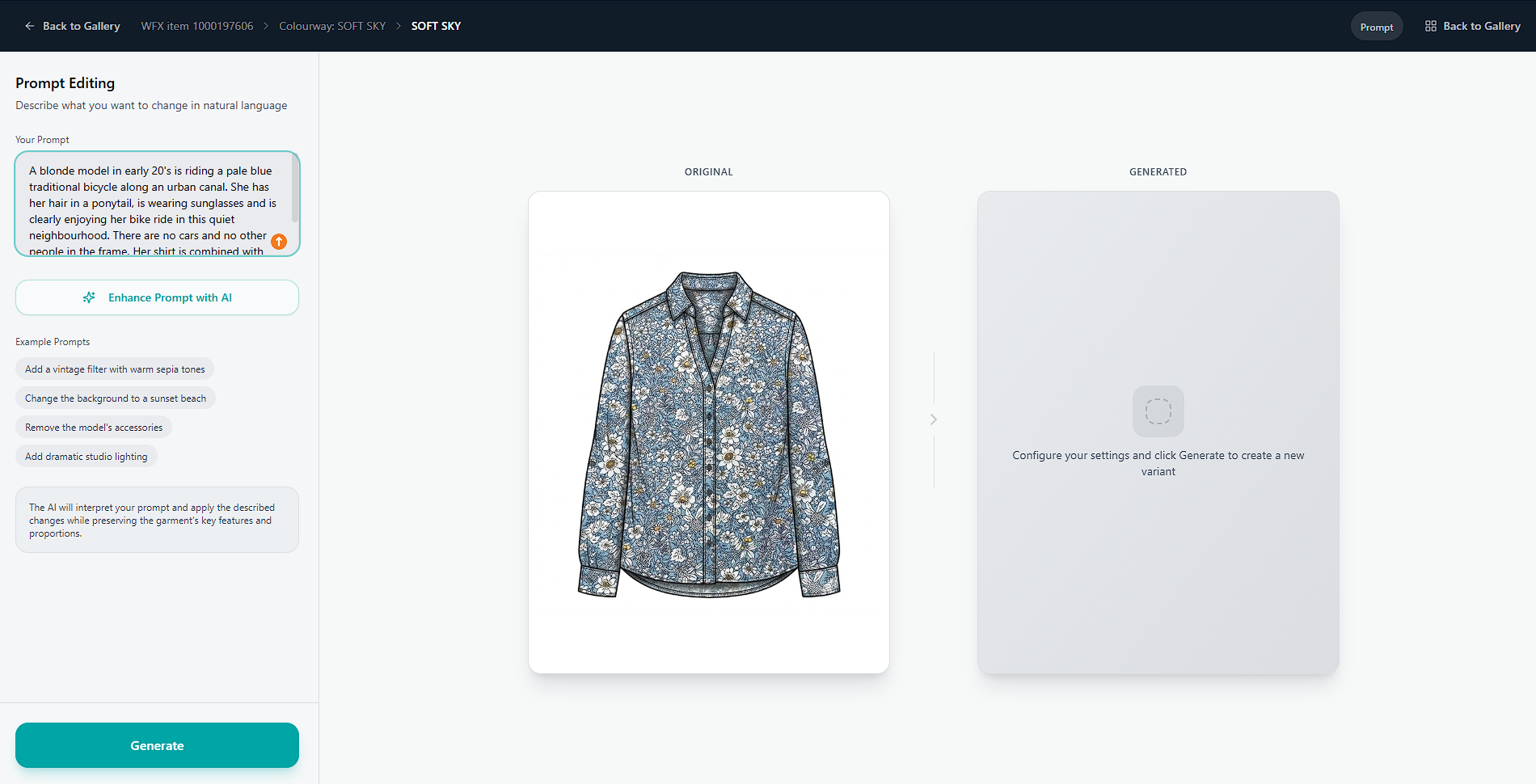 Before: AI Sample Room shows the floral shirt CAD and the lifestyle prompt with the generated panel still empty