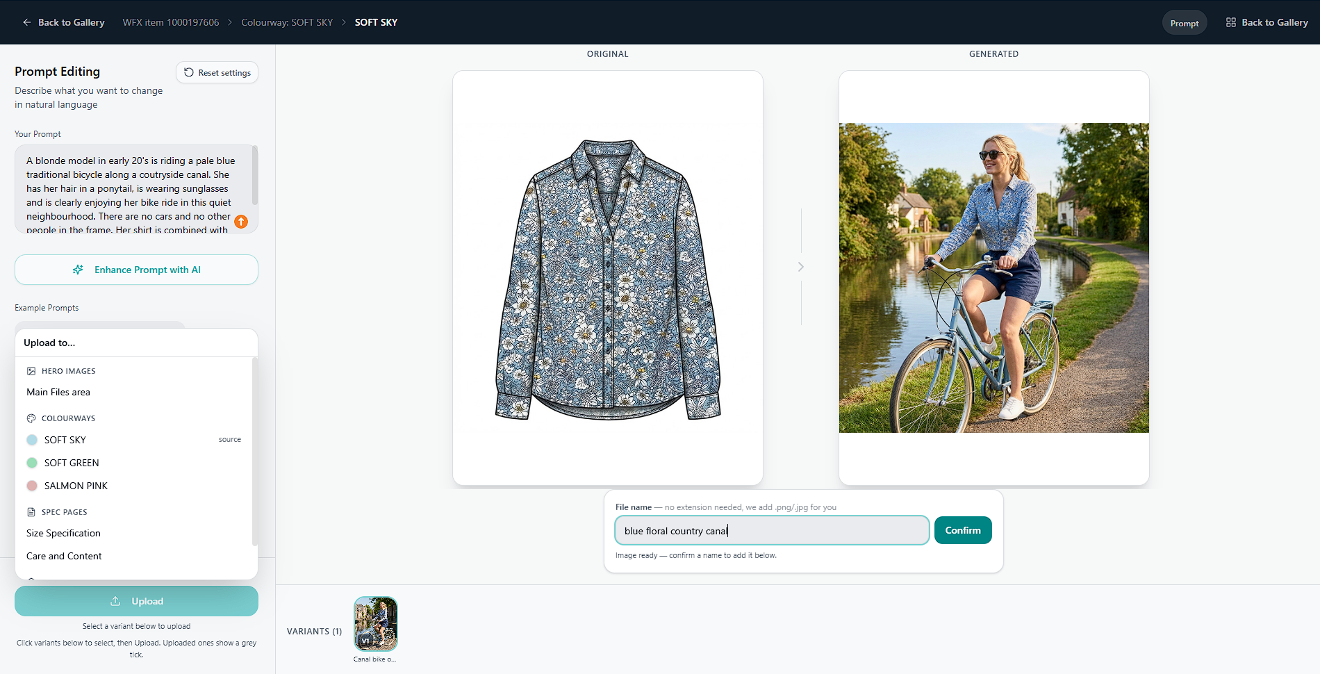After: AI Sample Room generates a lifestyle shot of a model in the floral shirt on a teal bike along a country lane
