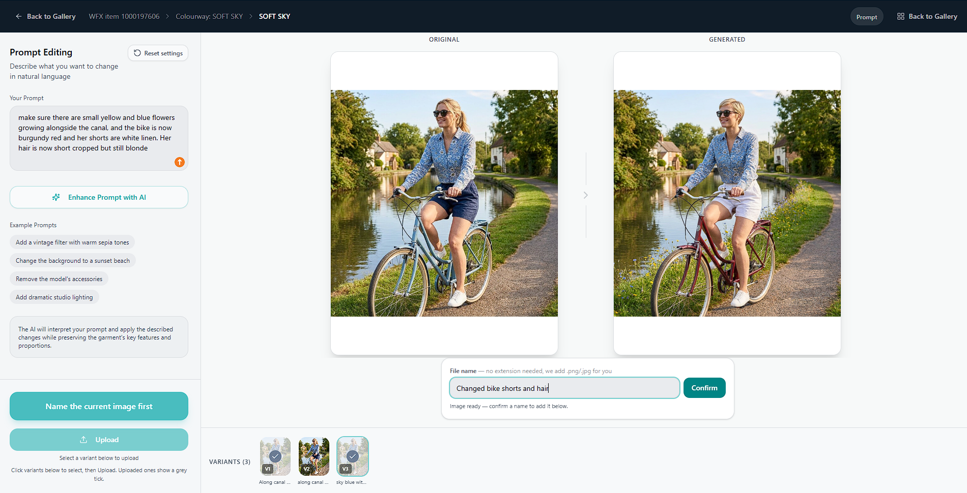 After: a refined version of the lifestyle render with styling changes: shorter denim shorts, a fresh tee and updated hair, the bike scene preserved