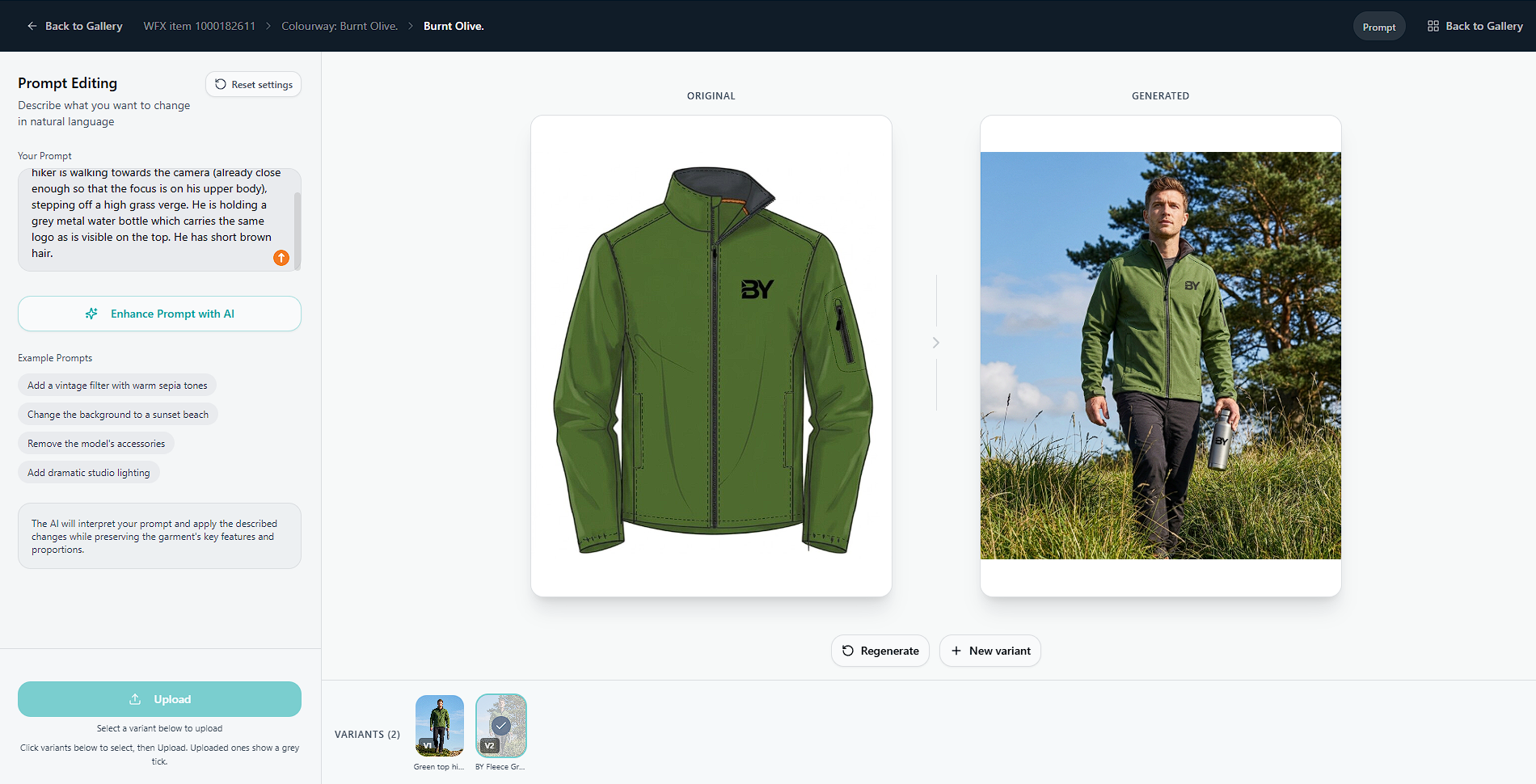 After: AI Sample Room shows the green jacket rendered on a model in a natural outdoor scene