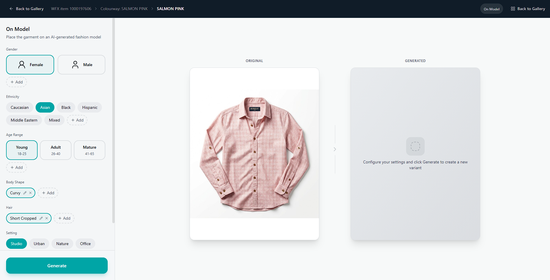 Stage 2: AI Sample Room shows the flat product image of the salmon check shirt and the on-model setup panel