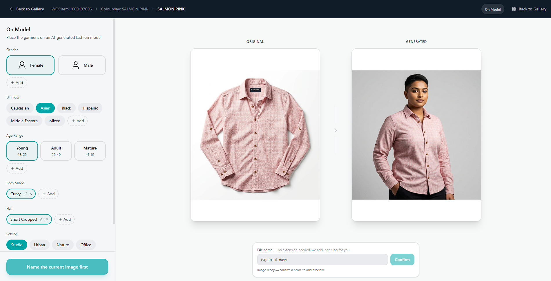 Stage 3: AI Sample Room generates an on-model lifestyle image of the salmon check shirt