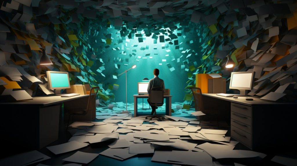 A digital artwork depicting a worker at a desk in a chaotic office environment with papers swirling in the air like a tornado.