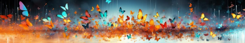 A wide piece that beautifully depicts transformation, featuring vibrant butterflies soaring through a blend of warm and cool colors in an impressionistic style.